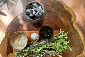 Traditional Mayan healing materials—copal resin, sacred Mayan herbs, and fresh eggs—arranged with intention and reverence.