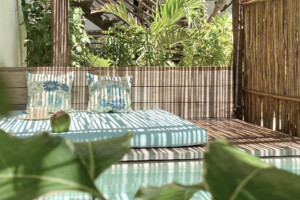 Private pool sofa in a swim up room at Cabanas Tulum Beach Hotel & Spa